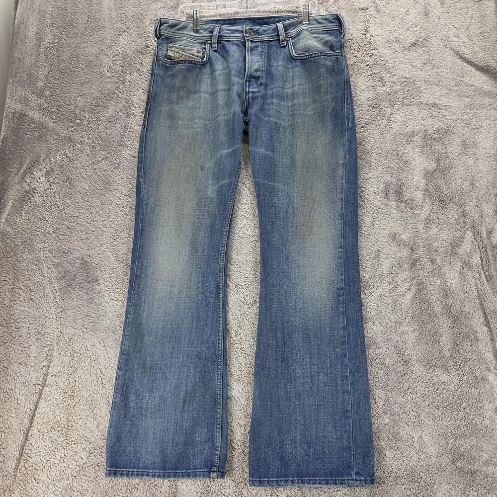 Diesel Jeans Mens 34x32 Blue Zathan Regular Bootcut Distressed Button Fly 008AT